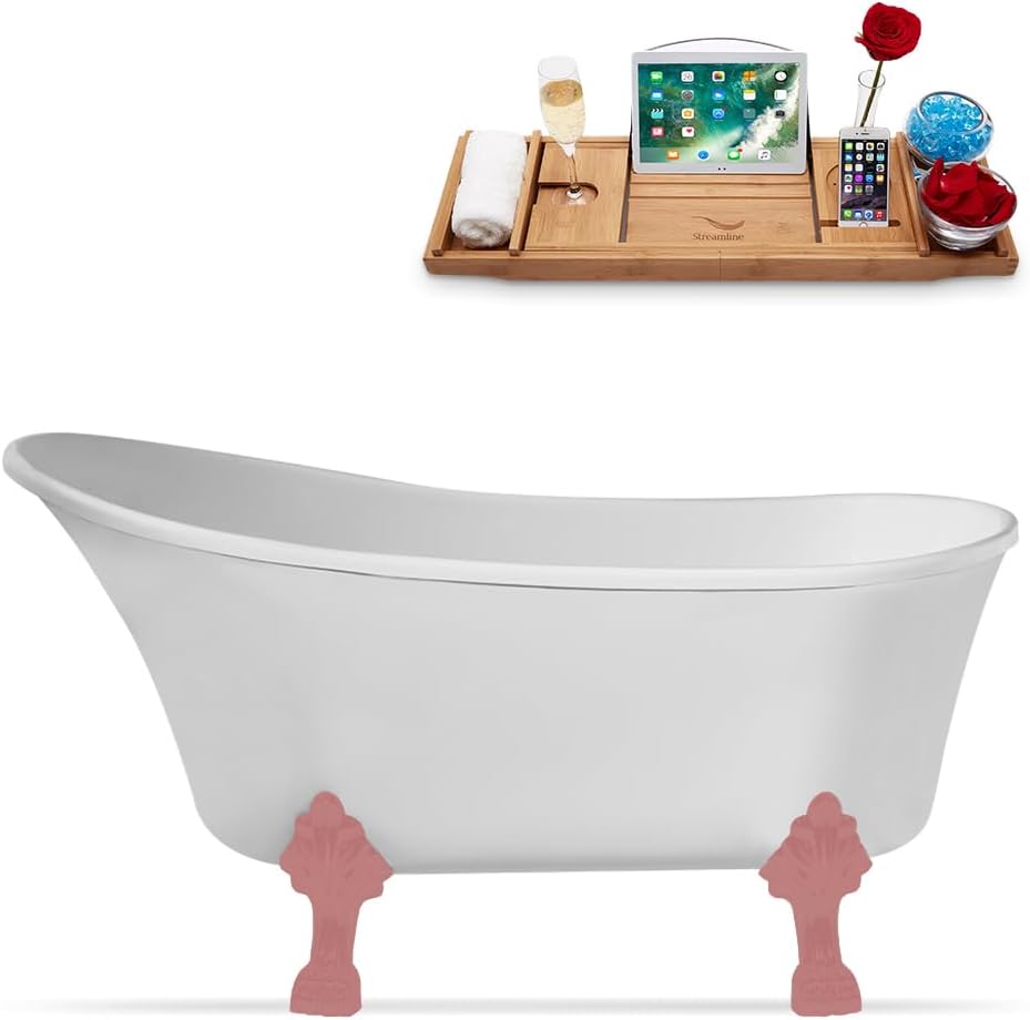 Streamline 55" Clawfoot Soaking Bathtub – Glossy White Acrylic Tub with Internal Drain in Matte Pink – Modern Design with Bamboo Tray – 60 Gallon Capacity