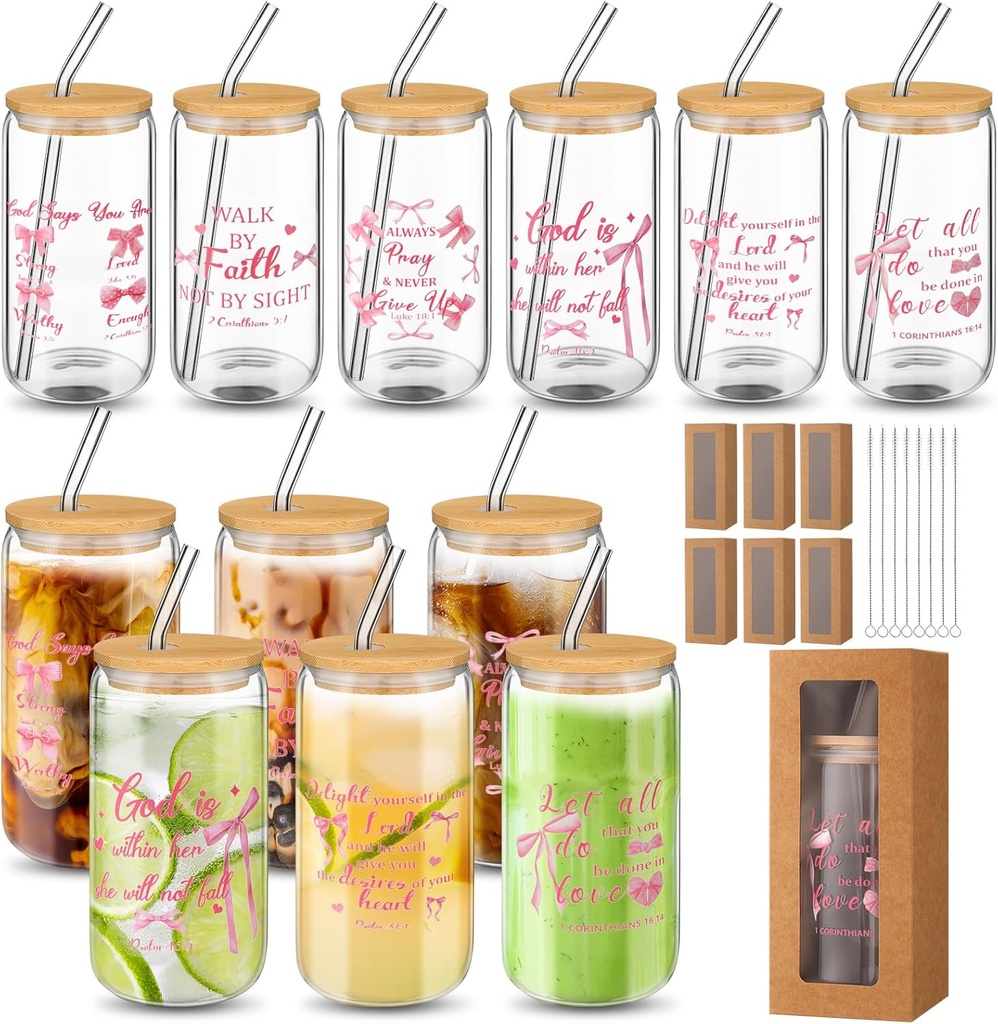 6 Sets Coquette Bow Glass Cup 16oz Pink Bow Glass Cup with Lids and Straws Bible Verse Coffee Tumbler Drinking Jars with Gift Box and Card Christian Grandparents Day Gifts for Women
