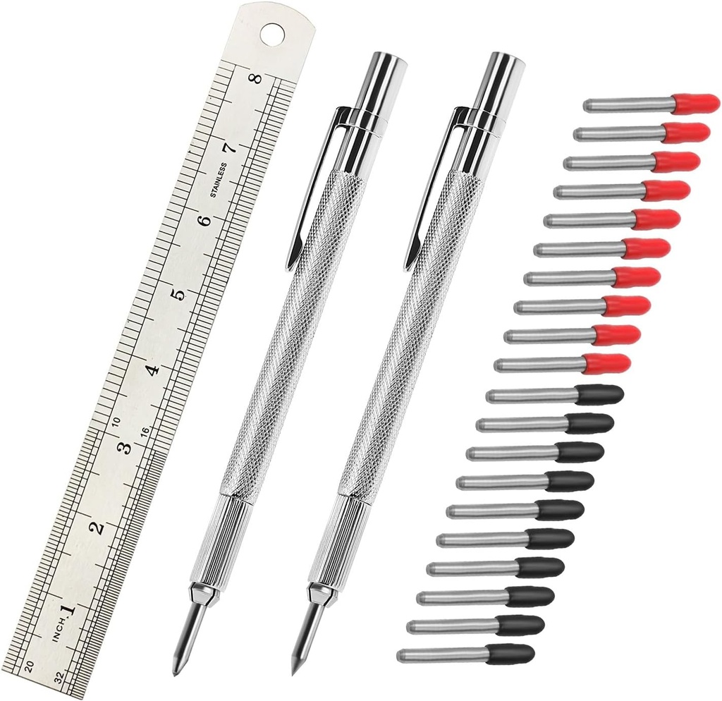 2 Pack Tungsten Carbide Scriber with Magnet,with Extra 20 Replacement Marking Tips and 8Inches Ruler, Etching Engraving Pen for Glass/Ceramics/Metal Sheet
