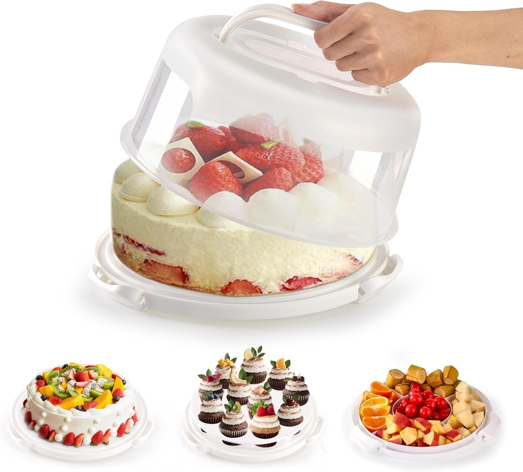 10" Round Cake Carrier Stand with Lid and Handle,Portable Two Sided Cake Holder Serves as 5 Section Fruit Tray,Cupcake Containers for 11 Cupcakes (White)