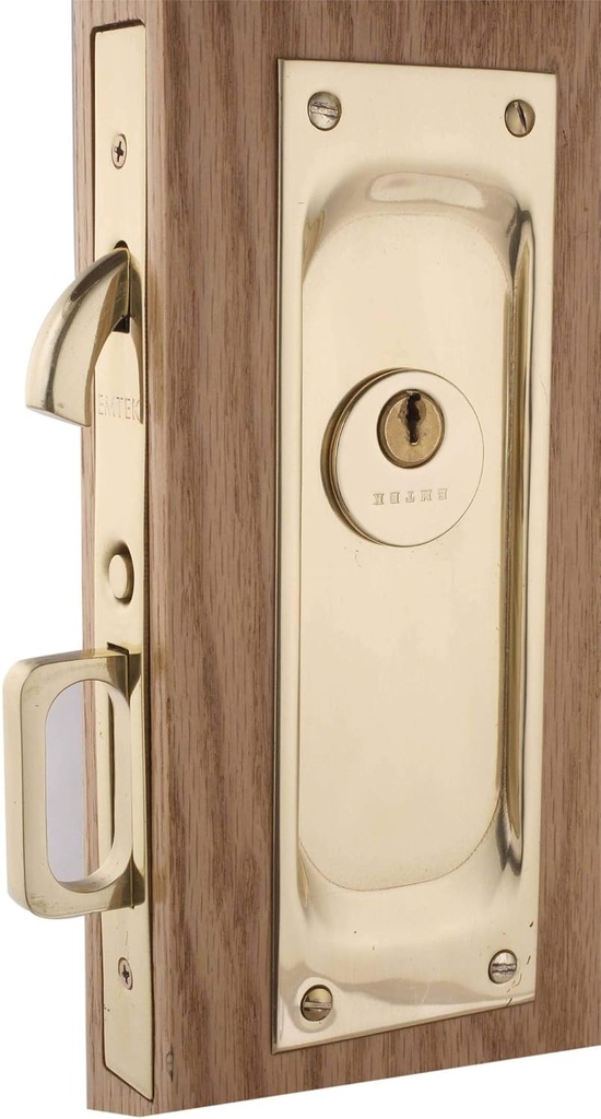 Emtek 2103 7-1/2" Height Solid Brass Keyed Entry Pocket Door Mortise Lock, Satin Nickel