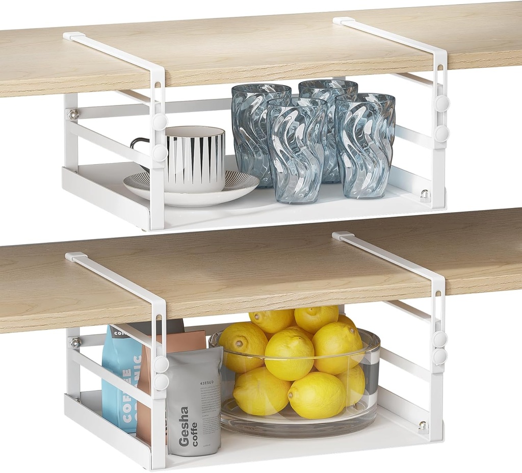 HENGI 2 Pack Adjustable Under Shelf Storage, Heavy Duty Metal Basket Organizer for Kitchen Cupboard Cabinet Pantry Laundry Desk Bookshelf, White