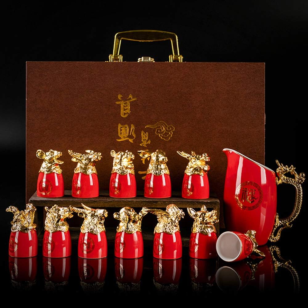 Twelve Chinese Zodiac Signs 13pcs Bar Sets Wine Liquor Spirit Porcelain 1 Pot 12 Cups Set Handmade Artwork Ceramics Chinaware Cups Set Gift (Red)