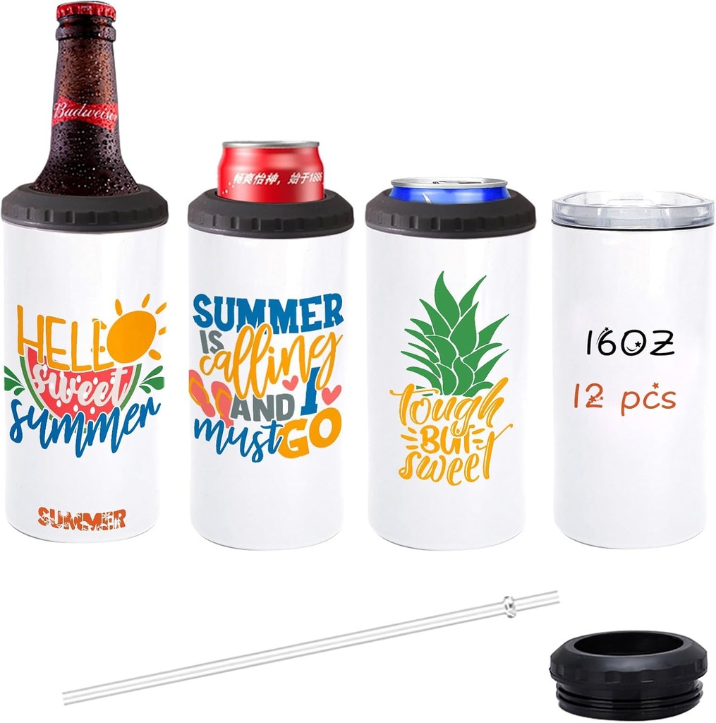 12 Pack 16 oz Sublimation Blank Tumblers Skinny 4 in 1 Can Cooler with 2 Lid Stainless Steel Double Wall Insulated Beer Bottles Coolers Slim Can Holder for Drinks