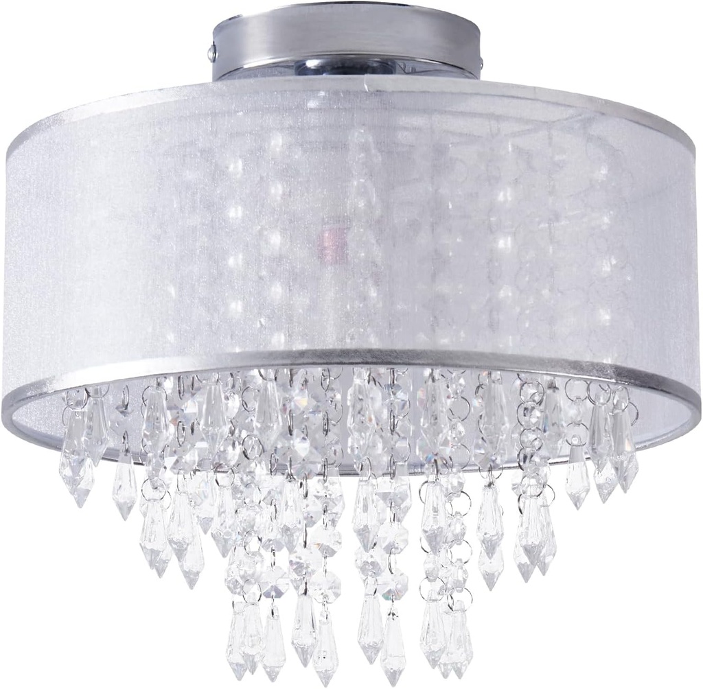 Crystal Chandelier for Bedroom Crytal Semi Flush Mount Ceiling Light Fixture with Cloth Shade Crystal Chandeliers for Dining Living Room Closet (White Cover+Crystal)
