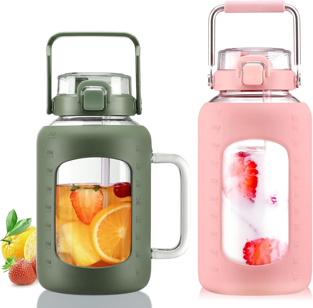 BLUEGO 64oz and 84oz Glass Water Bottles Bundle(64 Olive + 84 Pink) with Straw and Lids Handle Large Water Tumbler with Sleeve, Glass Water Container, 2 Liter Water Jug Glass, BPA Free