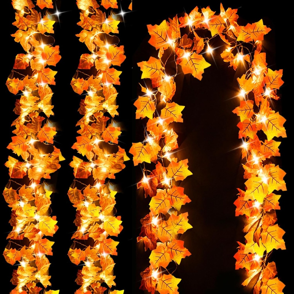 Luditek Fall Decor 3-Pack Fall Leaf Garland with Lights, Total 24.6ft 60 LED Halloween String Lights, Thanksgiving Decorations for Home Holiday Autumn Indoor Friendsgiving Gift