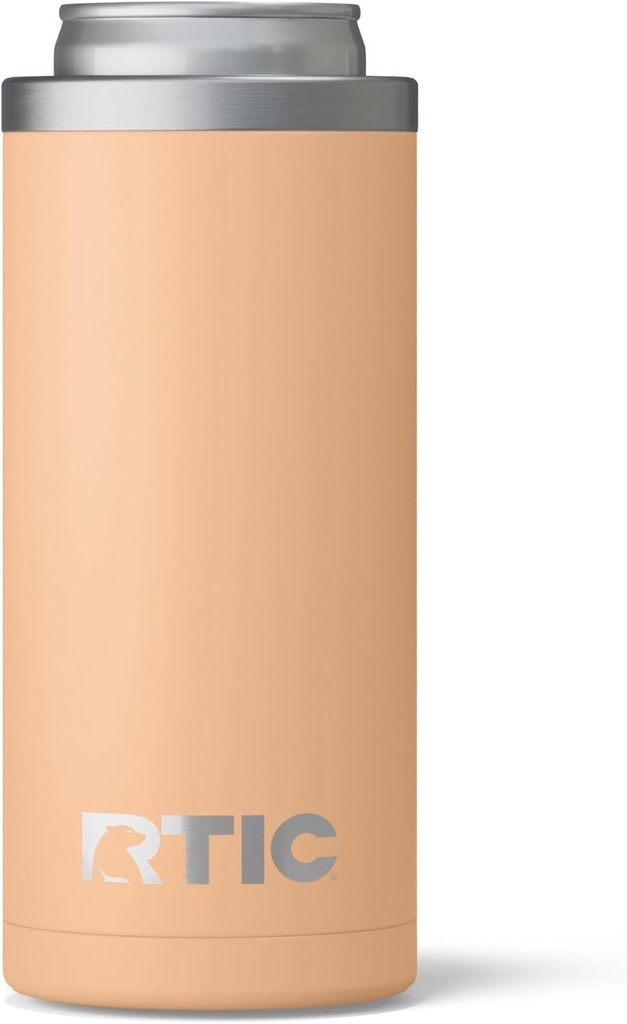 RTIC Skinny Can Cooler, Fits All 12oz Slim Cans, Insulated Stainless Steel, Sweat-Proof, Keeps Cold Longer, Peach Tea