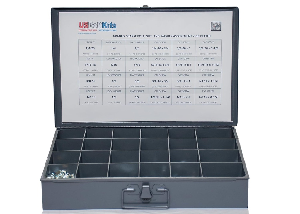 1250 Piece Grade 5 Nut Bolt Washer Drawer Assortment, Hex Head Cap Screws, Flat and Lock Washers, Hex Nuts, Coarse Thread USS Kit