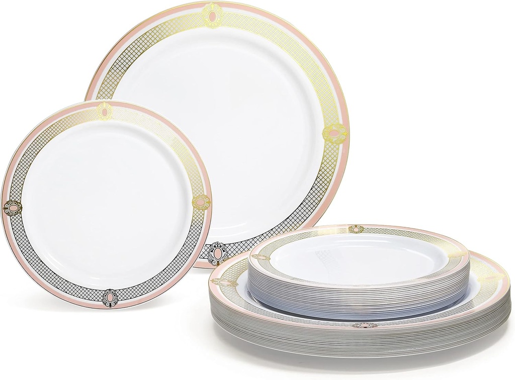 " OCCASIONS " 50 Plates Pack (25 Guests)-Wedding Party Disposable Plastic Plate Set -25 x 10.25'' Dinner + 25 x 7.5'' Salad & Dessert plates (Royal in White/Blush & Gold)