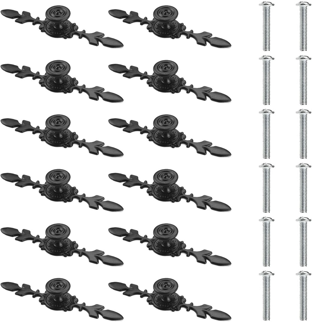 MZY LLC 12 PCS Black Antique Vintage Retro Drawer Cabinet Knobs with Backplates, Floral Pattern Pull Handles, Dresser Knobs for Kitchen, Wardrobe, Furniture Door