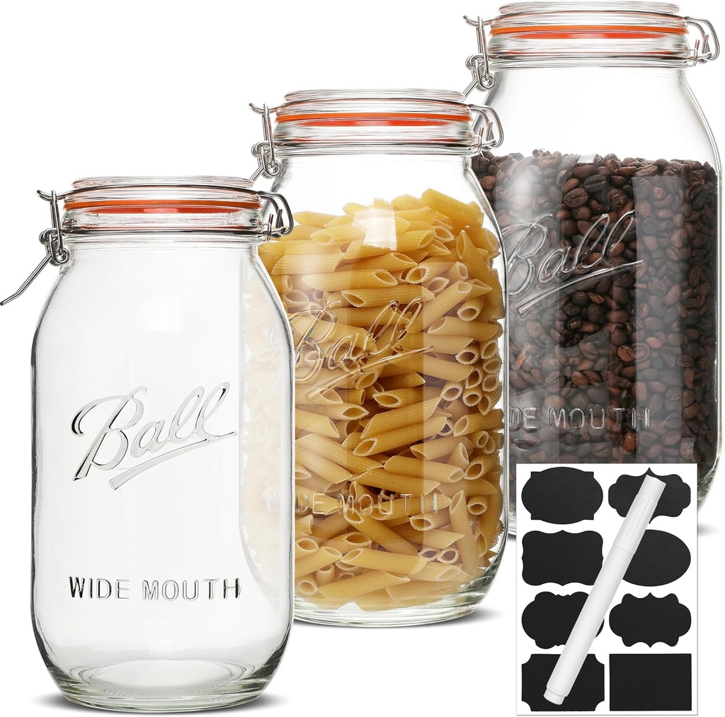 64oz Wide Mouth Mason Jars (3 Pack) – Reusable Airtight Glass Storage Jars with Hinged Lids, BPA-Free, Dishwasher Safe, Perfect for Canning, Pickling, Coffee & Fermenting