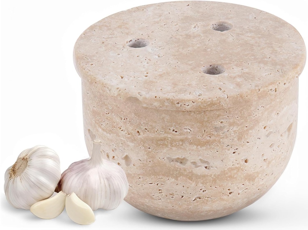Radicaln Marble Garlic Keeper with Lid for Counter 4.5" Inch Travertine Handmade Crock Pot for Home Improvement, Ideal Garlics Mincer, Onion Storage and Terracotta Garlic Cloves for Kitchen Décor