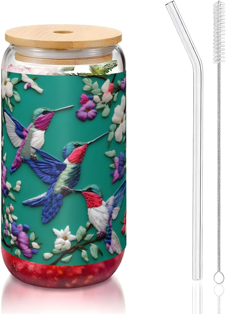 Flower Hummingbirds Embroidery Printing Glass Cups With Lids And Glass Straw 16oz Drinking Glasses Cups For Coffee,Tea,Soda