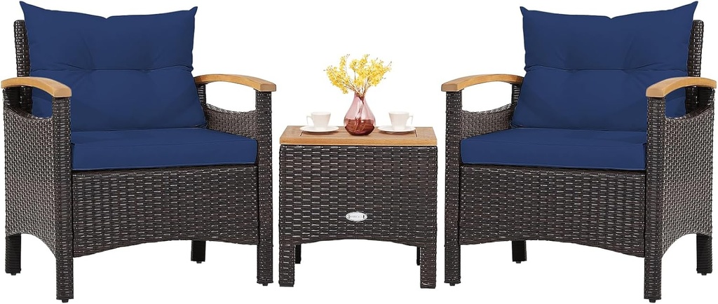 Tangkula 3-Piece Patio Furniture Set, Patiojoy Outdoor Rattan Sofa Set with Coffee Table, Patio Conversation Set with Removable Cushion, Cozy Acacia Wood Armrests for Backyard, Poolside (Navy)