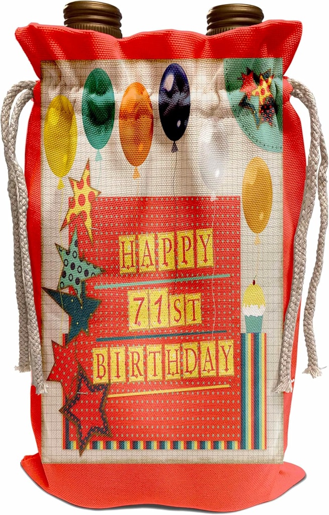 Wine Bag - 71st Birthday, Balloons, Cupcake, Stars, Block Letter, Orange, Green Birthday Design