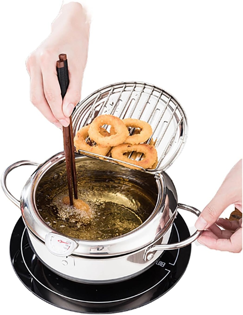 11" Deep Fryer Pot, Stainless Steel Deep Fryer with Thermometer & Oil Drip, Frying Pot for Chicken Fish French Fries Tempura