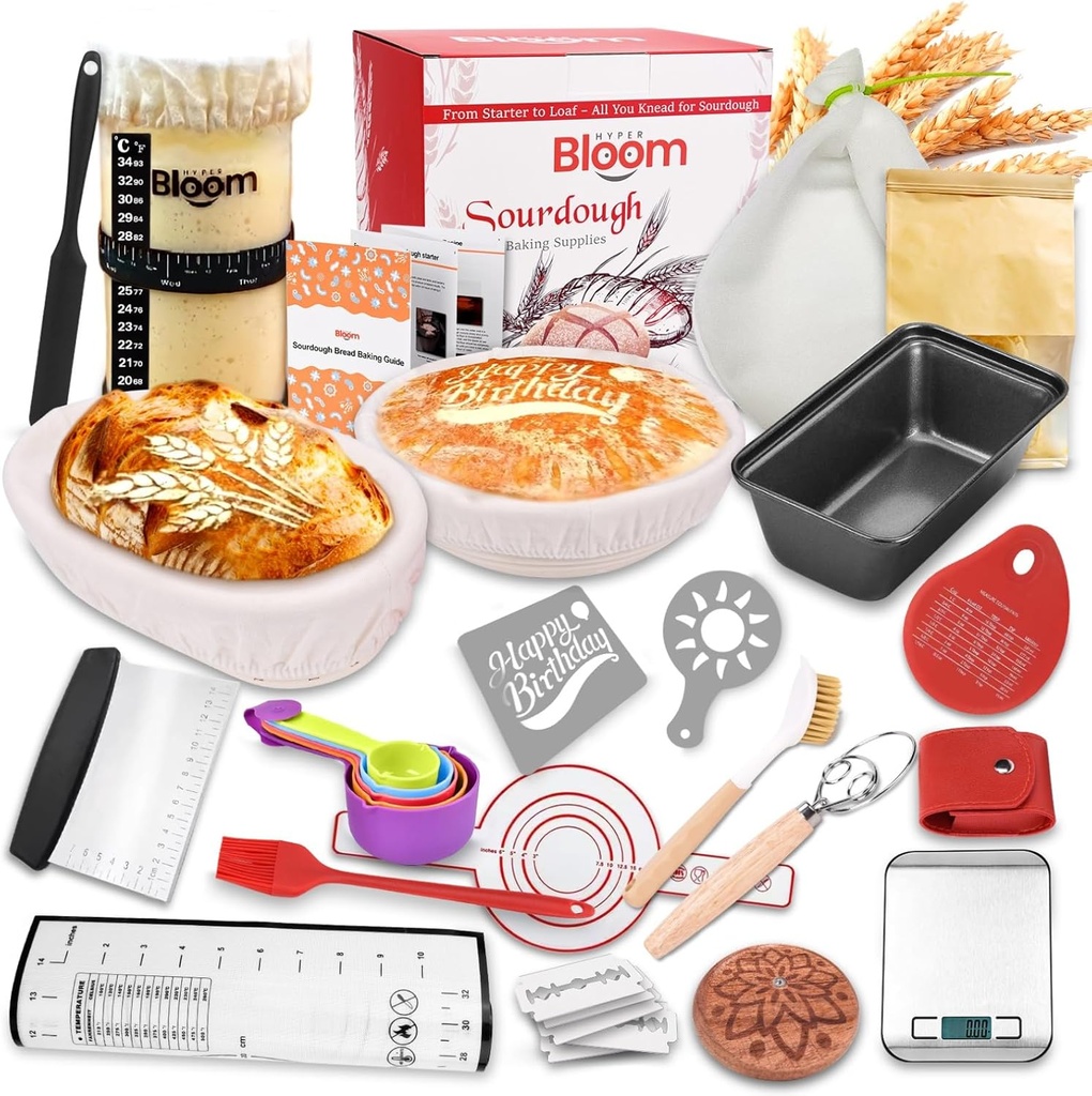 Complete Sourdough Bread Baking Supplies – 9" Round & 10" Oval Banneton Baskets, 40oz Starter Jar, Sourdough Starter Kit, Dough Scoring Tools & Essential Bread Making Supplies (Starter and Baking Kit)