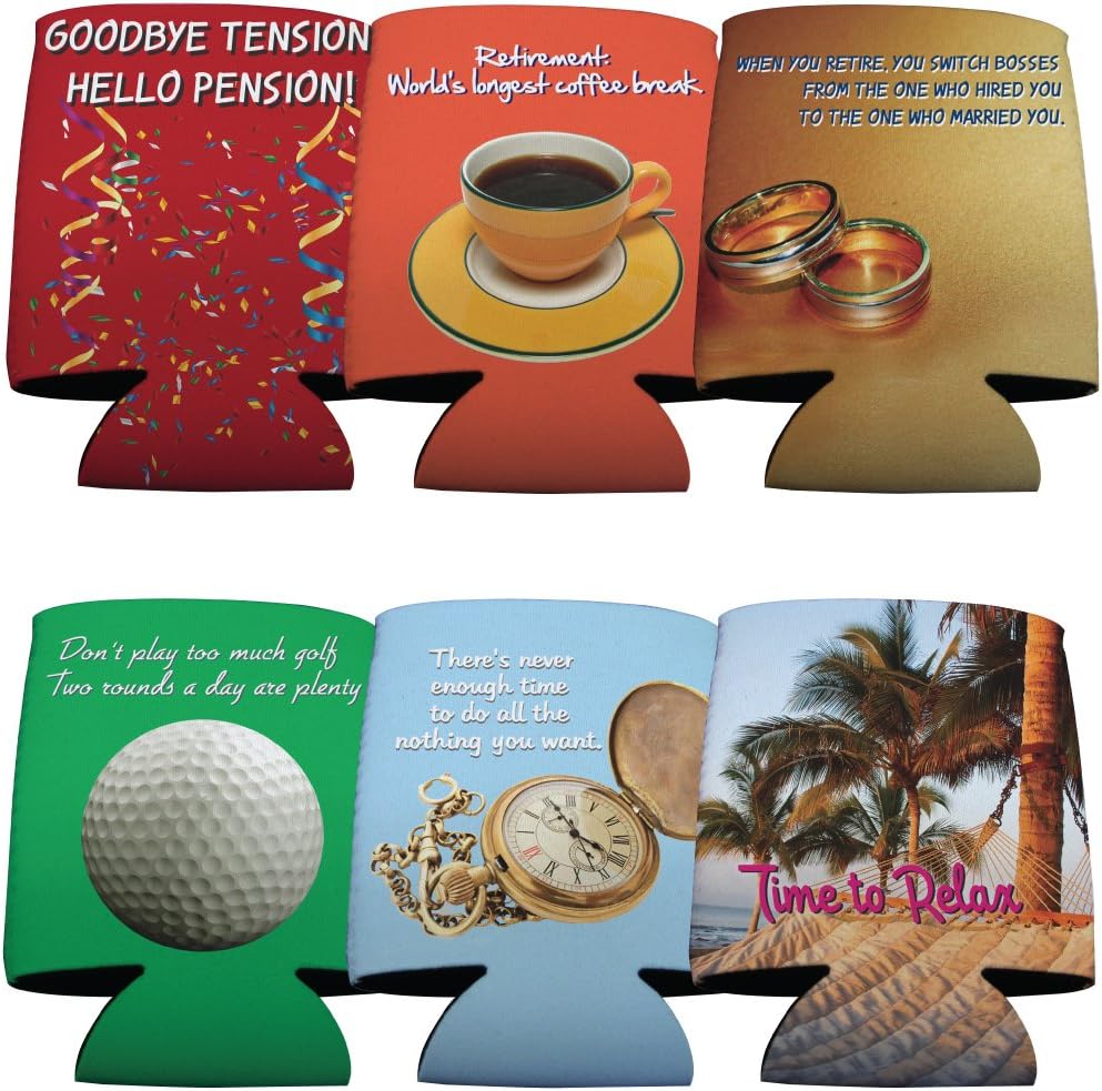VictoryStore Can and Beverage Coolers - Funny Retirement Themed, Set of 6 Different Fun Designs.