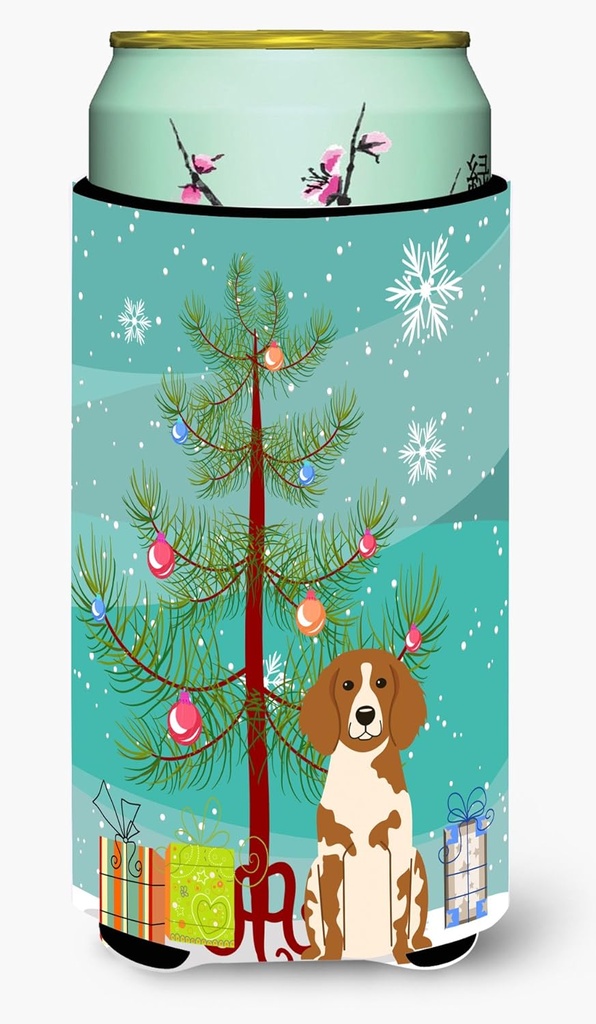 Caroline's Treasures BB4197TBC Merry Christmas Tree Brittany Spaniel Tall Boy Hugger Can Cooler Sleeve Hugger Machine Washable Drink Sleeve Hugger Collapsible Insulator Beverage Insulated Holder