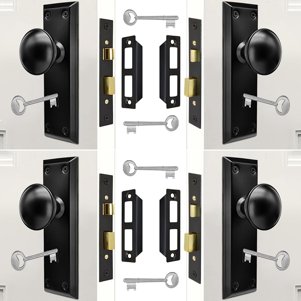 Mortise Lock Set Interior Door with Skeleton Key, Antique Vintage Door Knobs Replacement Hardware Fits 1-3/8" - 1-3/4" Thick Doors, Black, 4 Pack