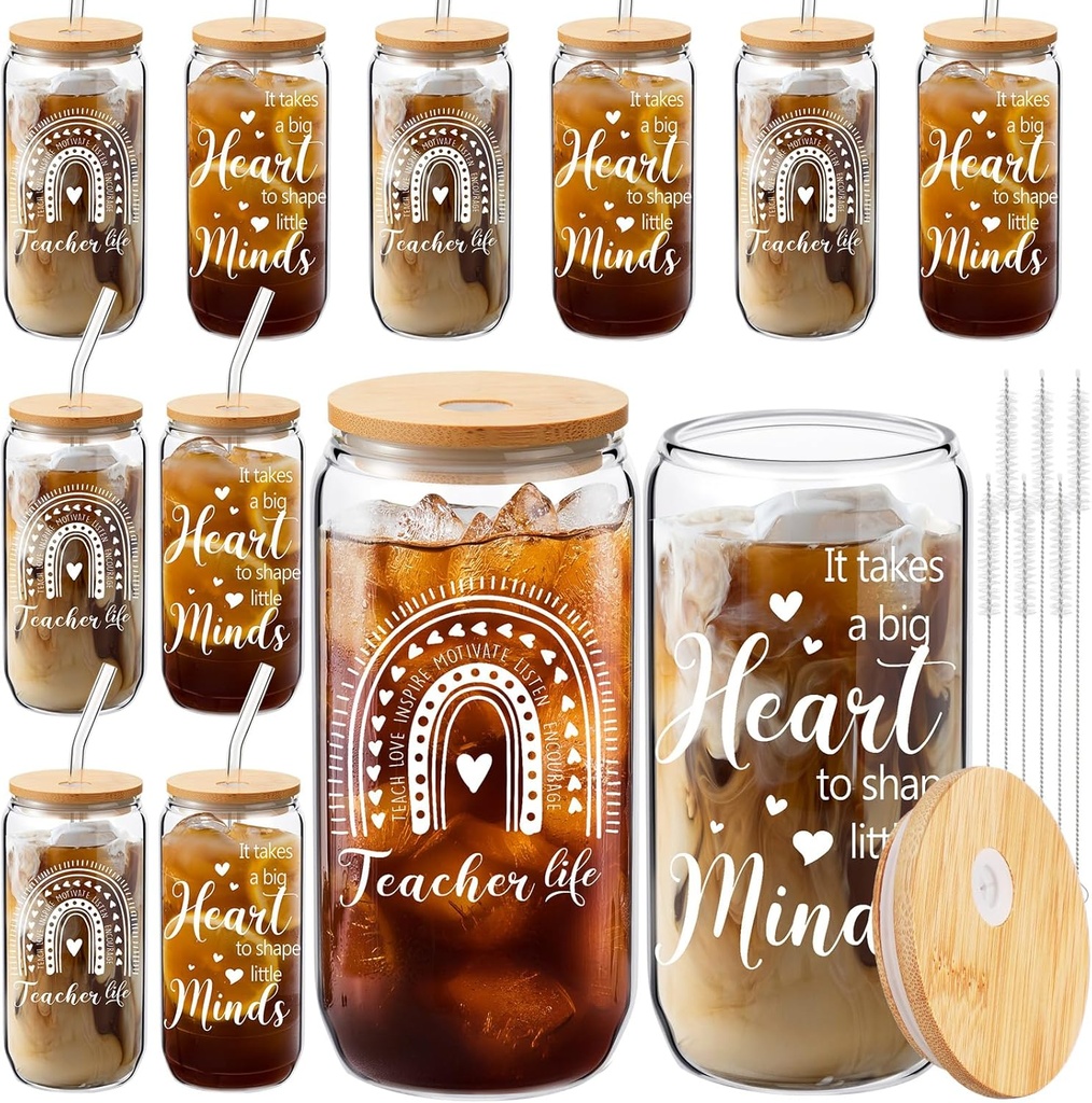 12 Pcs Teacher Appreciation Gift for Women Mason Jar Glass Cup 16 oz Coffee Drinking Jar with Lid and Straw Cleaning Brush Drinking Graduation for Birthday Women Teacher Christmas
