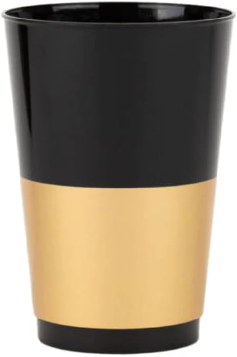 [12 Oz - 10 pk Black-Gold] Black Plastic With Gold Band Goblets Wine Glasses BPA Free 12 Oz Disposable Elegant Drink Cups for Parties Wedding Receptions Reusable Tumblers for EZ CleanUp 10 Pack
