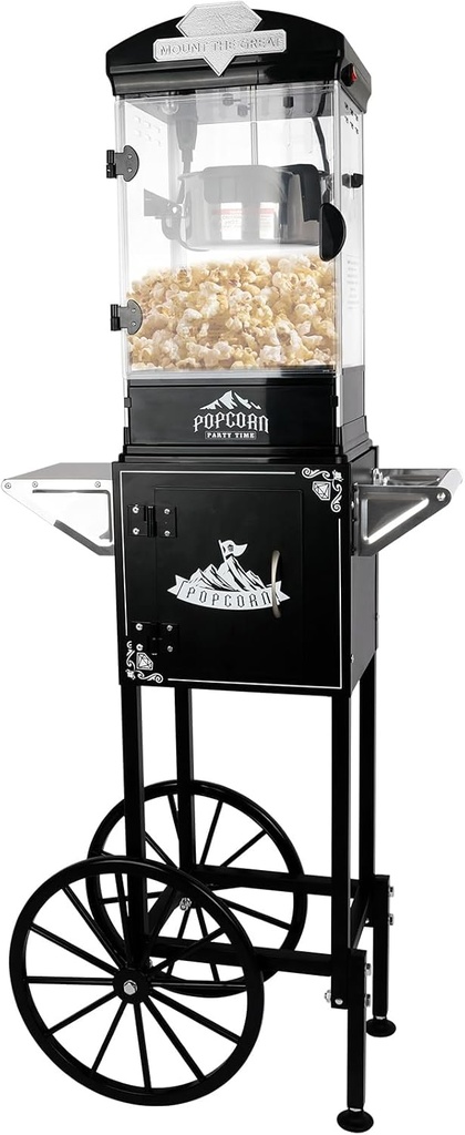 10oz Popcorn Machine with Cart, 10oz Popper Stainless-Steel Kettle & Warming Light, Makes Up to 48 Cups, Ideal for Family Gatherings, Movie Theaters & Amusement Parks, Black