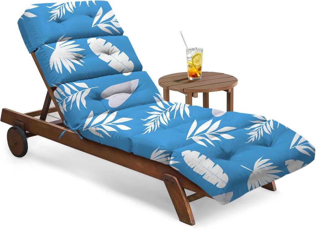 All Weather Chaise Lounge Cushions Outdoor Lounge Chair Cushion, Waterproof Memory Foam Chaise Lounger Chair Cushion for Outdoor Patio Furniture with Non-Slip Back and Ties, Blue Leaf