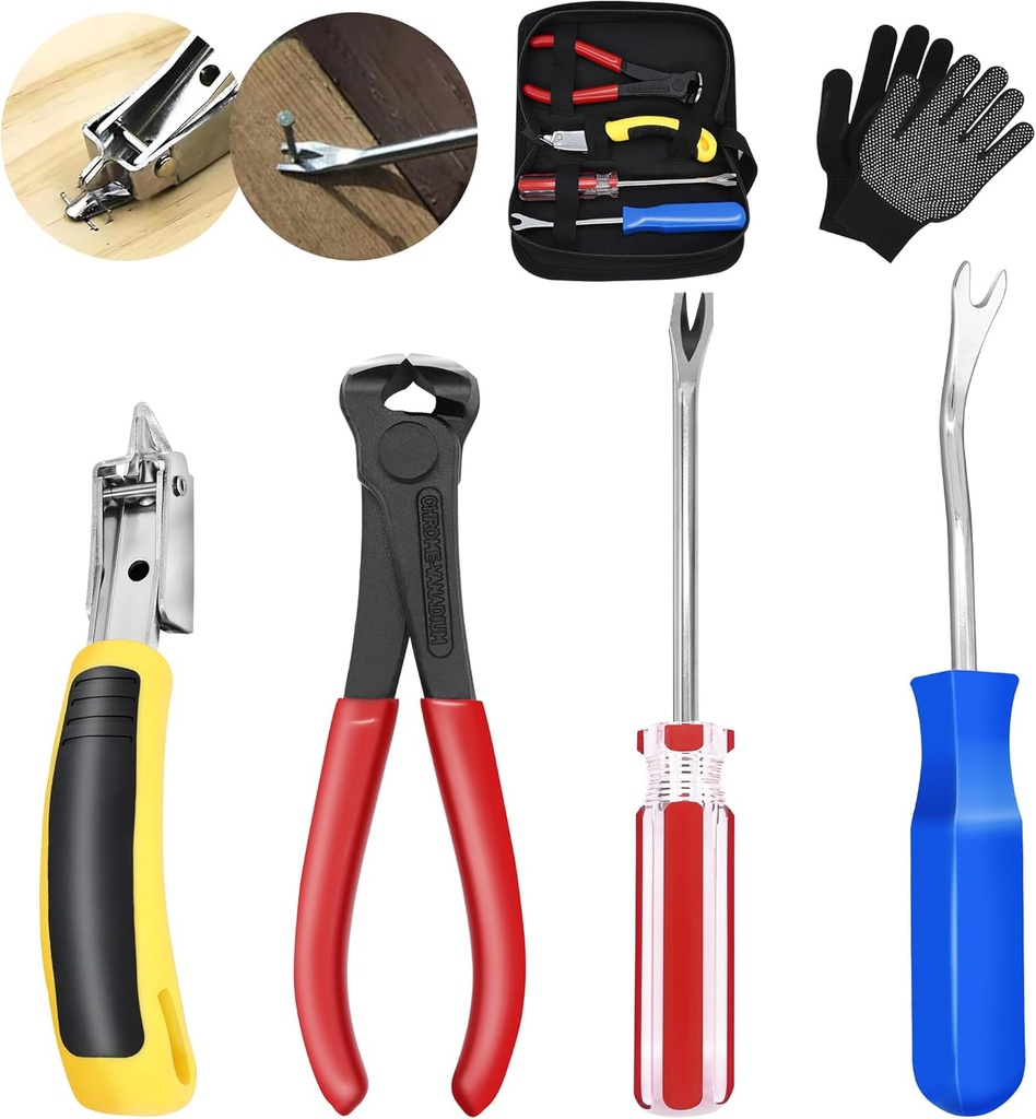 4Pcs Upholstery Staple Remover Tool Set with End Cutting Plier, Staple Puller, Nail Puller Plier, Tack Lifter, Zipper Bag,Fastener Remover Tools for Furniture Carpet Floor Wall Photo Frame