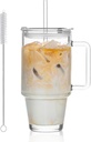 KEMORELA 24 Oz Ribbed Glass Tumblers with Lids and Straws, Tumbler Cup with Handle, Iced Coffee Glassware, Clear Reusable Drinkware for Smoothies and Beverages (1)