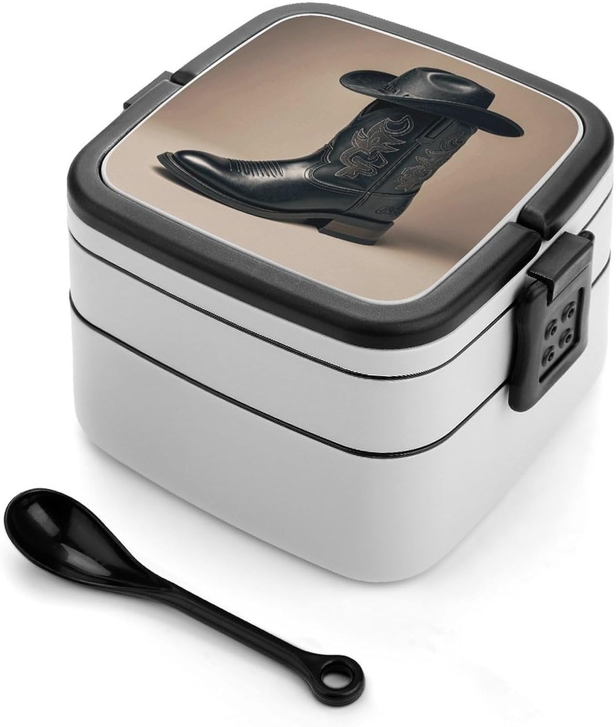 Cowboy Black Hat Western Boots Bento Box Double Layer Lunch Box for Adults with Spoon And Handle Stackable Lunchbox Leakproof Lunch Container for Work Picnic Travel