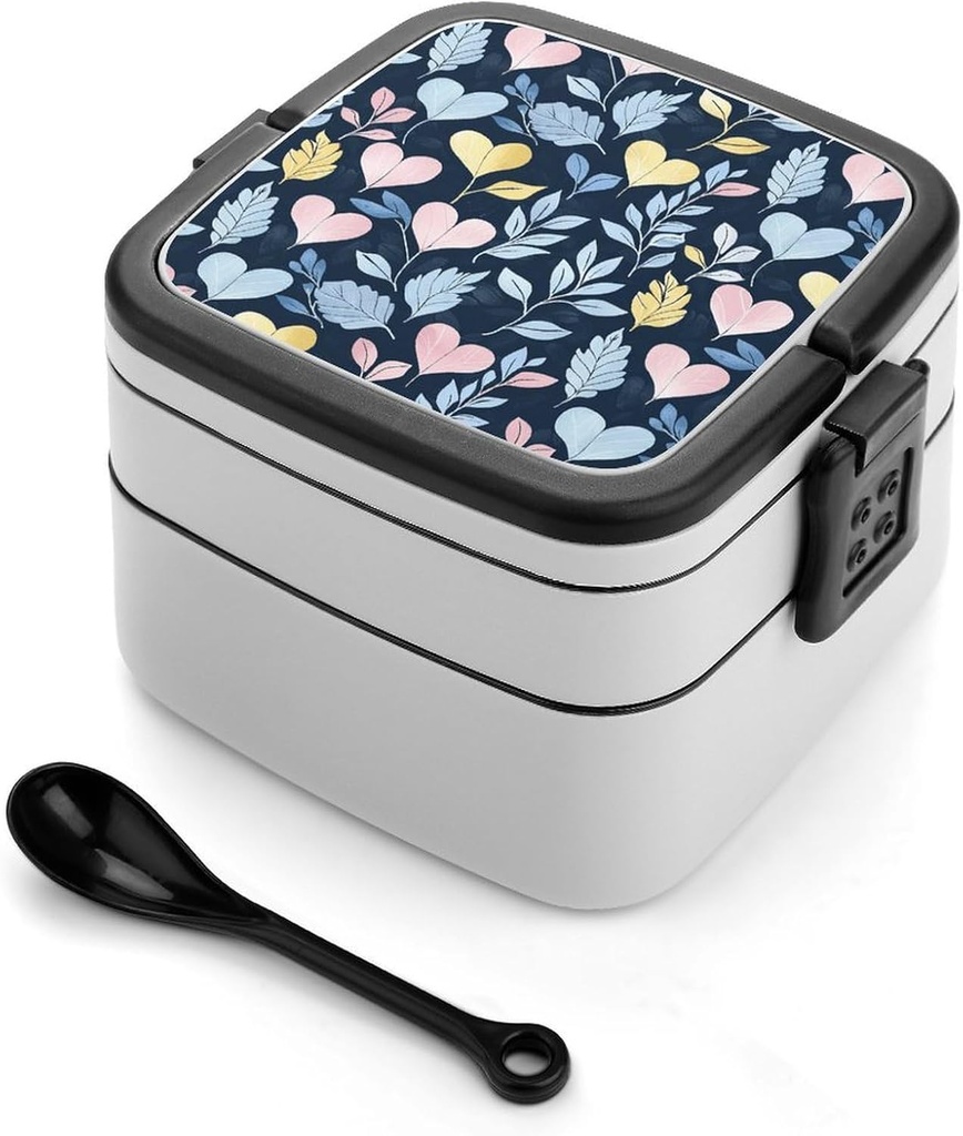 Heart Leaf Pattern Bento Box - Double Layer, Leakproof Food Containers with Partition & Spoon, Stackable Lunch Box for Office, Travel, Camping