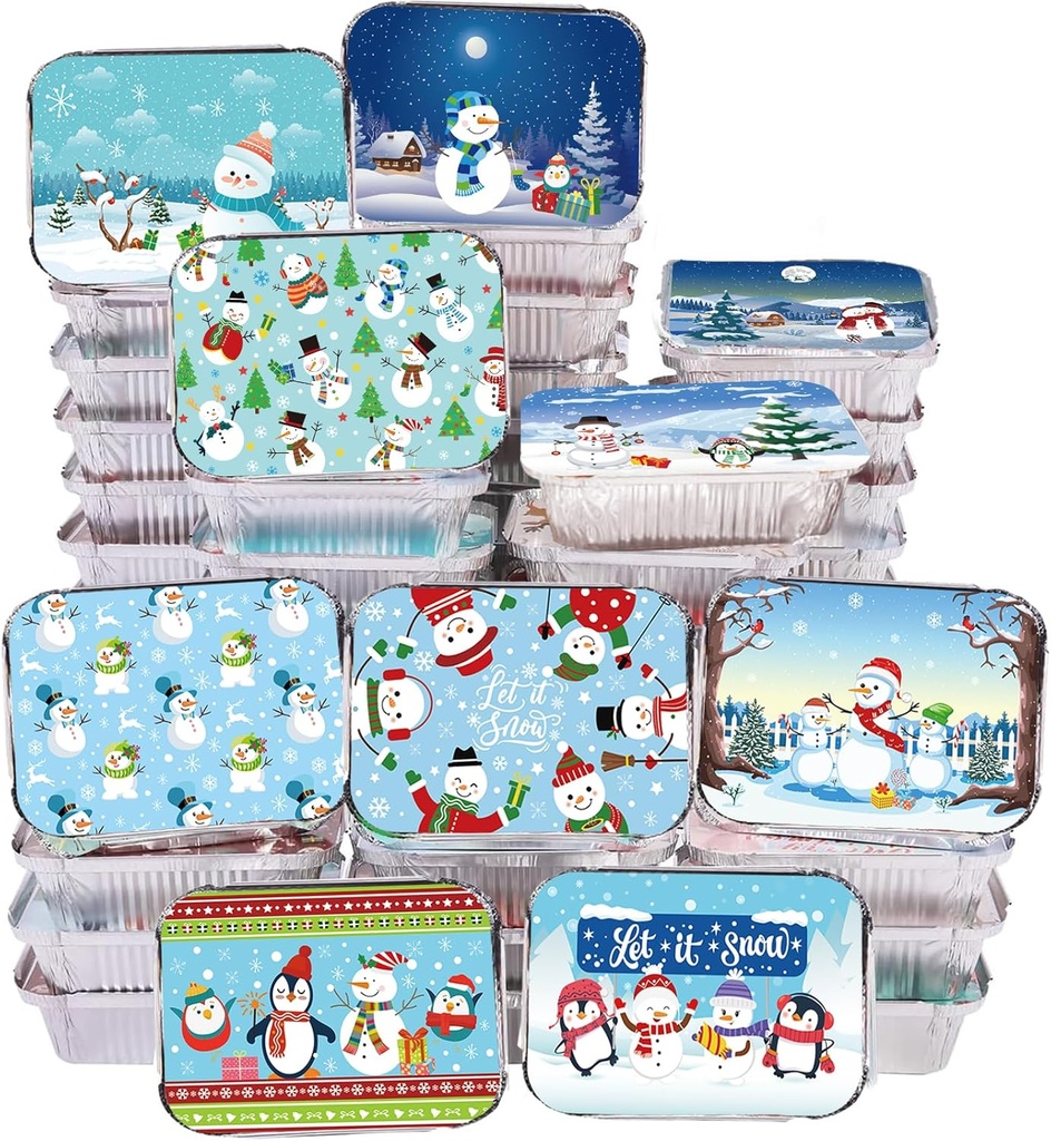50Pcs Christmas Cookie Tins Aluminum Food Containers with Lids Disposable with Snowman Winter Cardboard Covers Aluminum Foil Baking Pan Cake Pans for Cooking,Heating,Roasting,Holidays BBQ 7.3x5.3 Inch