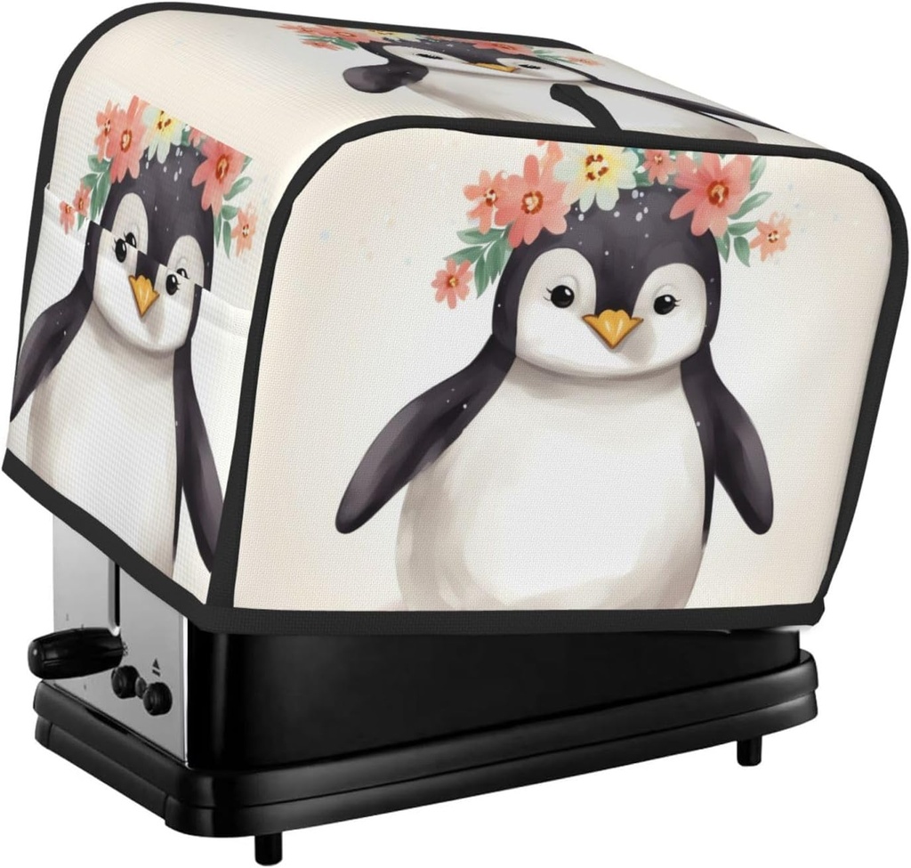 Penguin Wearing Flowers Toaster Cover 2 Slice, Bread Machine Covers Quilted Toaster Dust Cover Universal Size Kitchen Small Appliance Cover With Top Handle