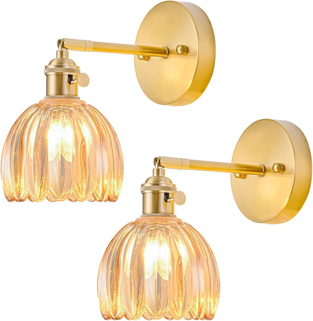 Wall Sconces Set of Two Hardwired, Vintage Sconce Light with Tulip Amber Glass Lampshade, Bathroom Wall Lights with Switch, Gold Wall Light Sconces Wall Decor Set of 2