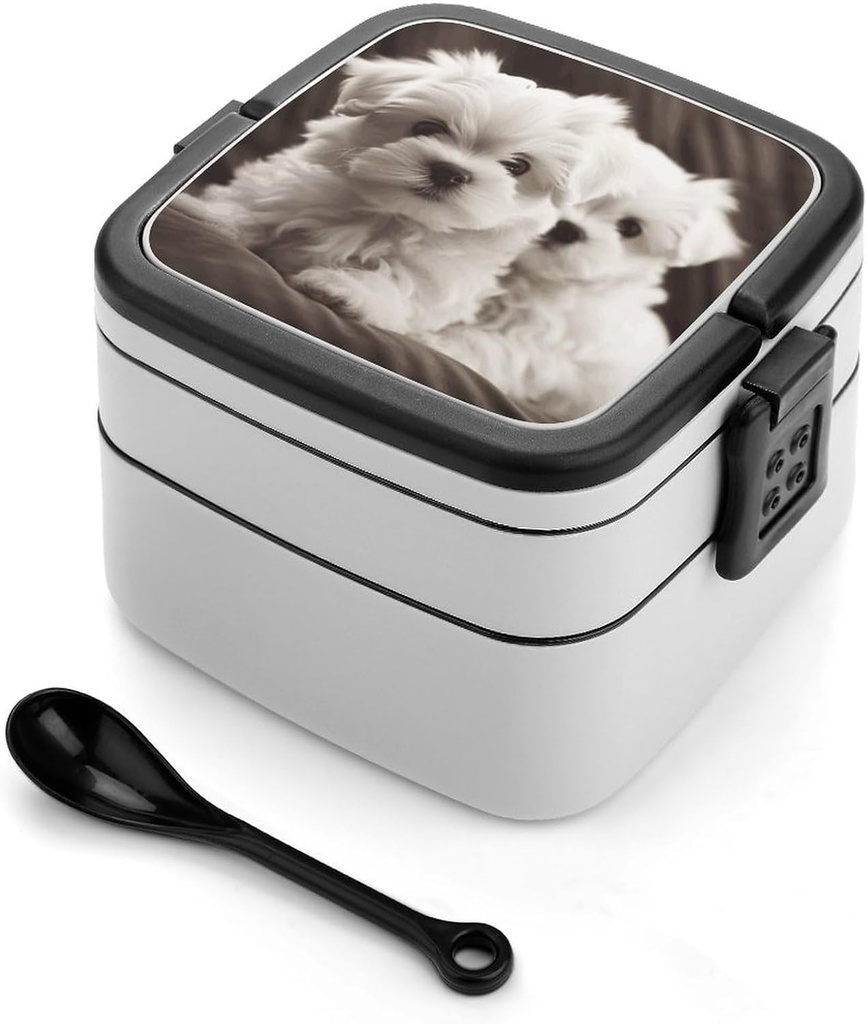 Stackable Double-Layer Bento Box Cute Maltese Puppy Adults Lunchbox with Spoon Cute Japanese Bento Box Dishwasher Safe for Work Travel Dining Outc