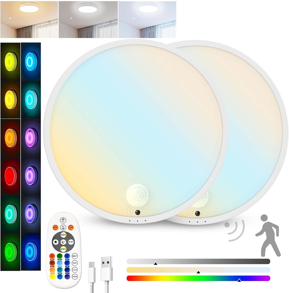 2Pack Motion Sensor Ceiling Light, Rechargeable Battery Powered LED Ceiling Light for Closet Bathroom Stairs Porch Hallway Pantry Wall (White*2)