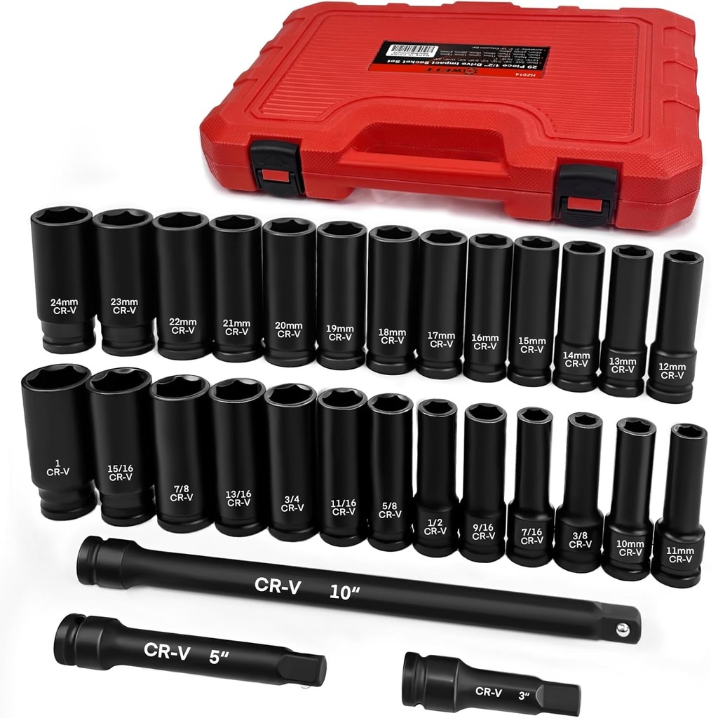 WETT 1/2" Drive Impact Socket Set, 29 Piece Deep Socket with Extension Bar, Cr-V Steel, SAE & Metric, 6 Point, (3/8" - 1", 10-24mm)