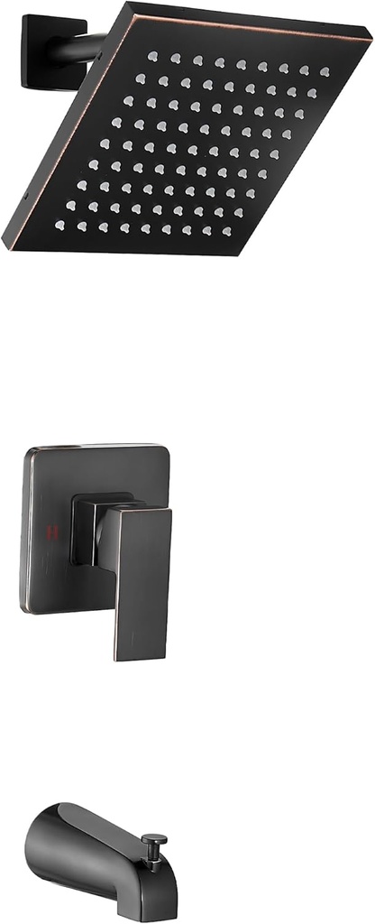 GGStudy Shower Faucet Set, Oil Rubbed Bronze Tub Shower Faucet with 8 Inch Square Rainfall Shower Head and Tub Spout Shower Tub Faucet Set Complete Included Shower ValveTub Shower Trim Kit