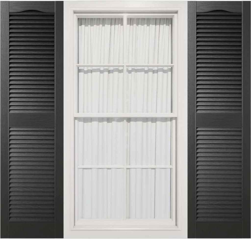 14 1/2"W x 54"H Mid-America Vinyl, TailorMade Cathedral Top Center Mullion, Open Louver Shutters, w/Installation Shutter-Lok's (Per Pair), 002 - Black