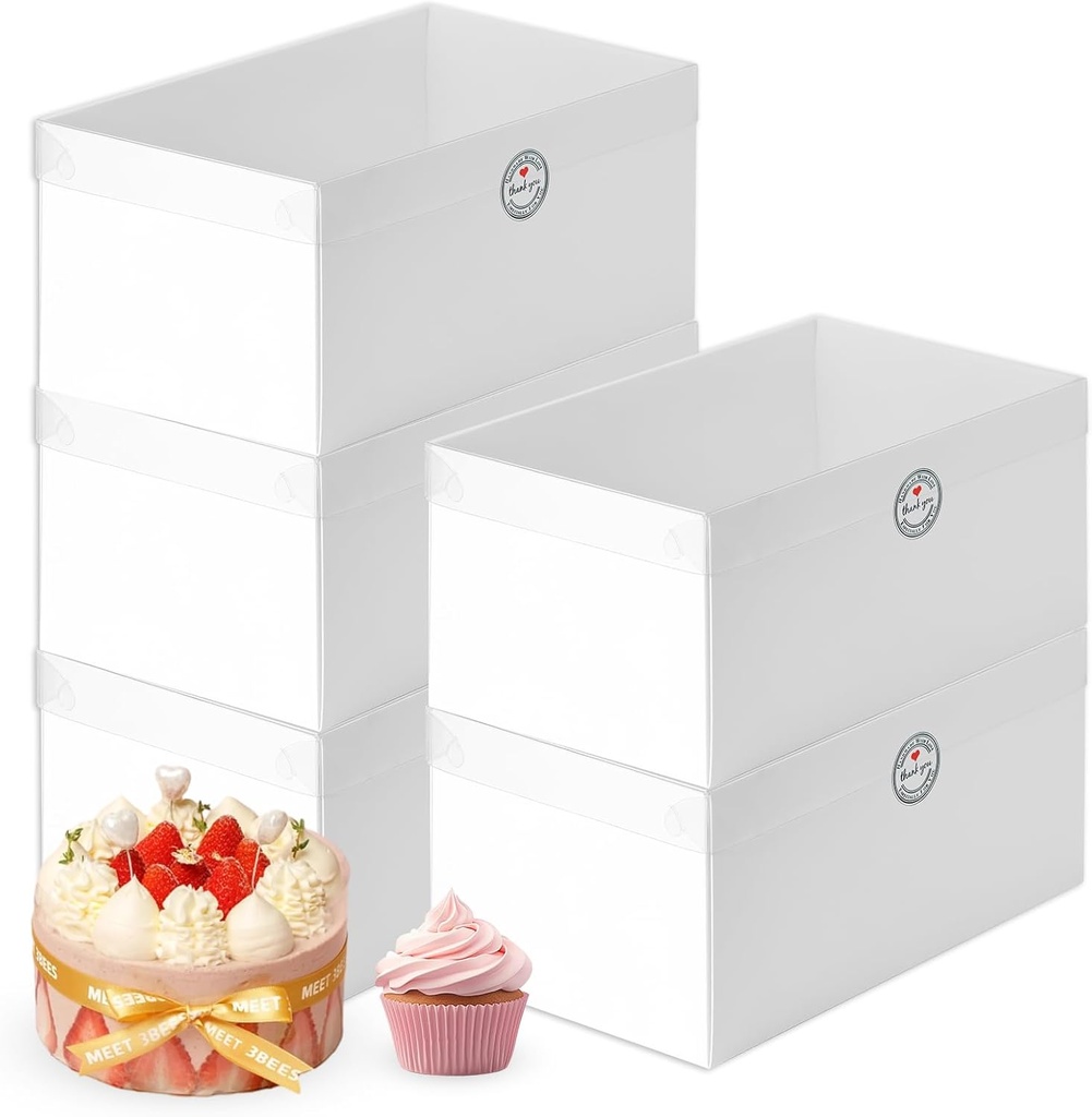 5 Packs 1+4 bento cake box with Clear Window,1 small Cake and 4 fold Cupcakes Box with insert and Stickers, for Family Birthday Party Mother's day((White, 1+4(5 Pack))