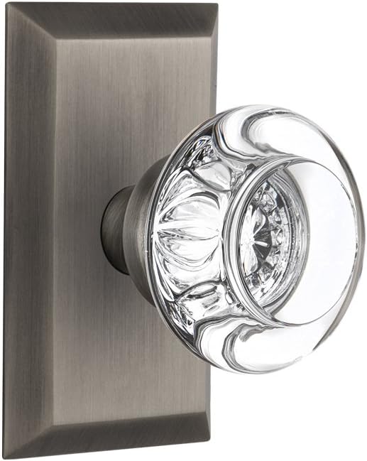 Nostalgic Warehouse Studio Plate with Round Clear Crystal Glass Knob, Passage - 2.375", Antique Pewter