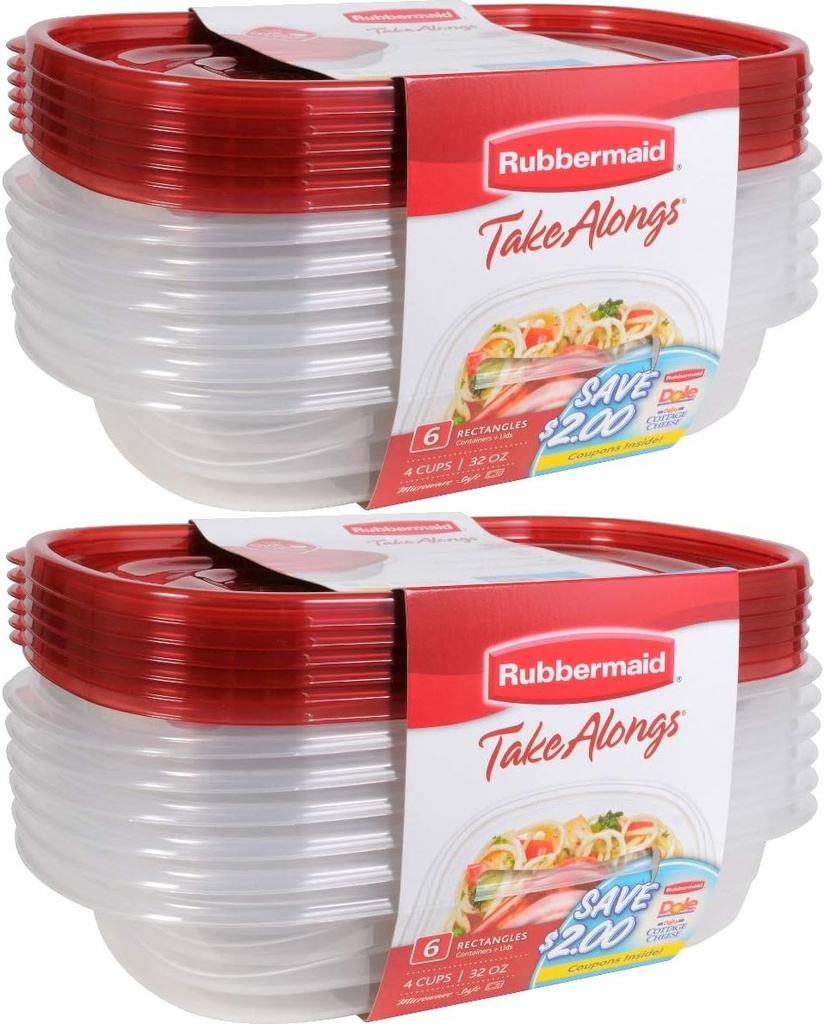 Rubbermaid Take Alongs Food Storage Container, 4-Cup Rectangle, Set of 12, (12 Pack), Red