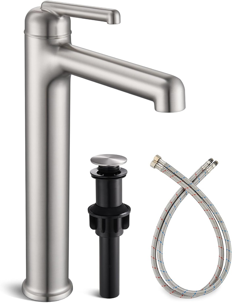 Brass Tall Vessel Sink Faucet, SOEBIZ Brushed Nickel Faucets for Bathroom Sink with Drain Assembly and cUPC Supply Lines Bathroom Faucet SZ9902BN