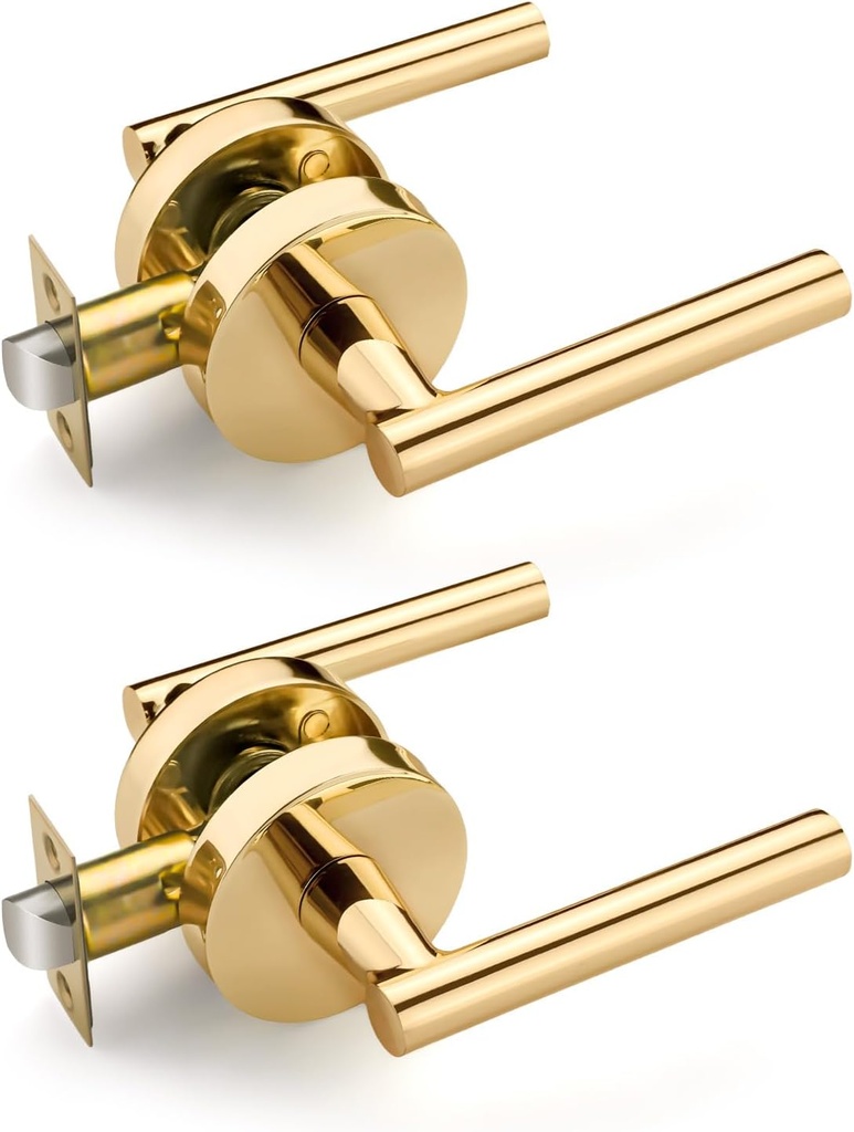 2 Pack Gold Door Handles, Interior Door Knobs, Polished Brass Finish, Keyless Closet Door Knobs, Passage Door Knobs Without Lock, Lever Door Handle, Reversible for Left/Right Handed Doors