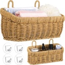 Tioncy 2 Pcs Woven Hanging Wall Baskets for Storage Boho Style Hanging Storage Plastic Woven Baskets with 4 Hooks for Kitchen Garden Living Room(Light Brown,Imitation Rattan Plastic)