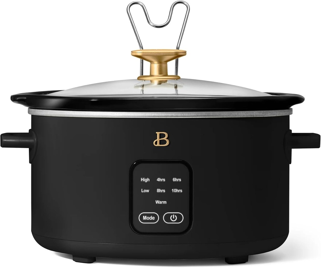 Beautiful 4Qt Slow Cooker with Touch-Activated Display, 4 Cooking Presets, Dishwasher-Safe Pot, Tempered Glass Lid, Cool-Touch Handles, Non-Skid Feet, Black Sesame Finish, Perfect for Family Meals