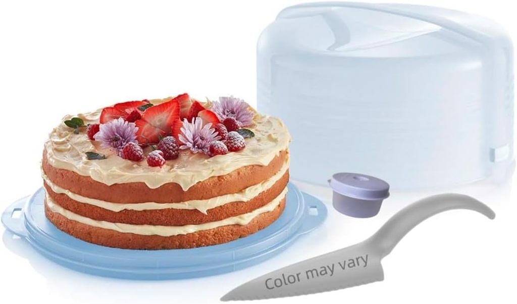 Tupperware Round Cake Taker Carrier Icelandic Mist Base with Cut N Serve Slicer and Smidget