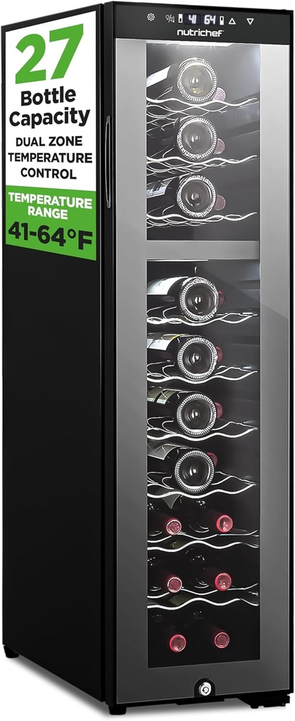NutriChef PKCWCDS275 Dual-Zone Wine Cooler, 27-Bottle Refrigerator, Digital Touch Button Control with Air Tight Seal, Adjustable Temp 41-64F, Freestanding Cooler, Black